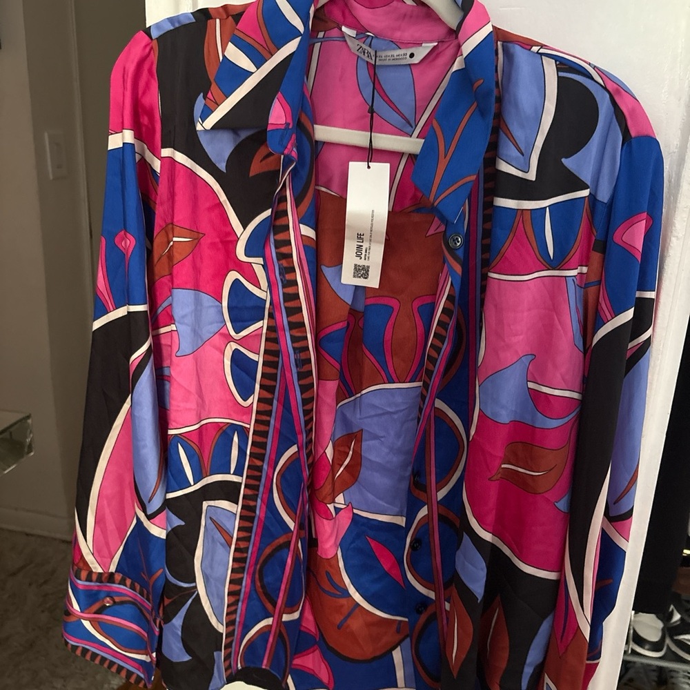 Zara Pink and Blue Abstract Blouse